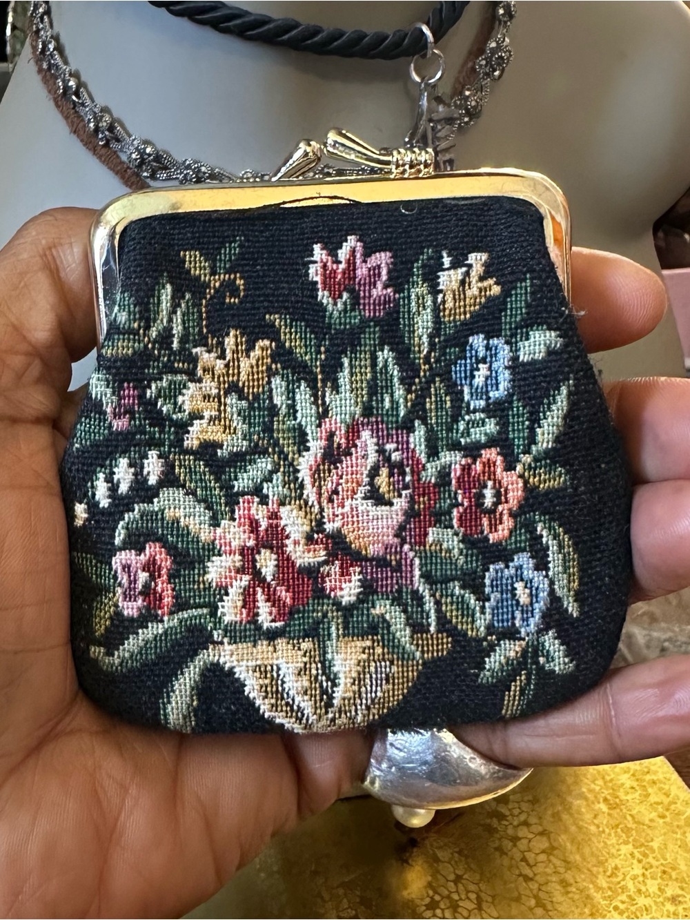 Vintage handmade floral black  needlepoint coin purse